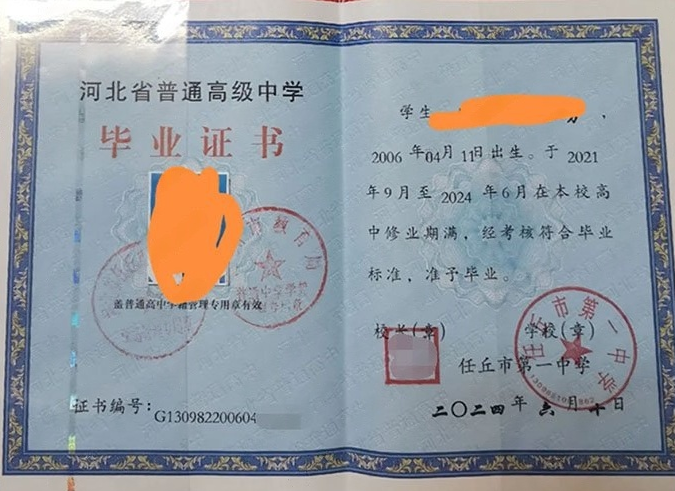 娄星任丘市第一中学高中毕业证样本图片