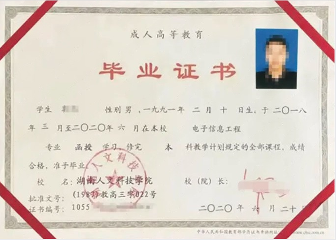湖南人文科技学院2020年函授本科毕业证书样本图片（电子信息工程）